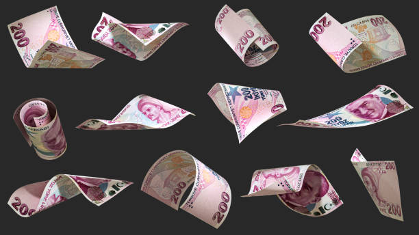 istock 3D rendering of 200 Turkish Lira notes flying in different angles and orientations isolated on dark background 2194005635