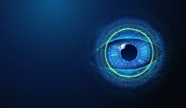Abstract illustration of hud overlay over low poly human eye. Blue geometric background depicting computer vision, augmented reality, artificial intelligence technology concept by wireframe mesh