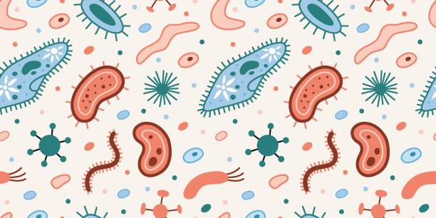 Seamless pattern with simplest unicellular organisms, bacteria and viruses, microorganisms under a microscope. Trendy modern vector illustration on light background, hand drawn, flat design Seamless pattern with simplest unicellular organisms, bacteria and viruses, microorganisms under a microscope. Trendy modern vector illustration on light background, hand drawn, flat design. microbiology stock illustrations