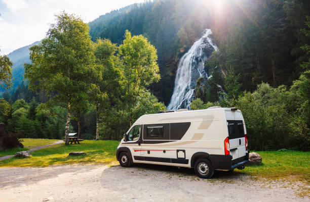 istock Campervan or motorhome parked in picnic resting area 2194008279