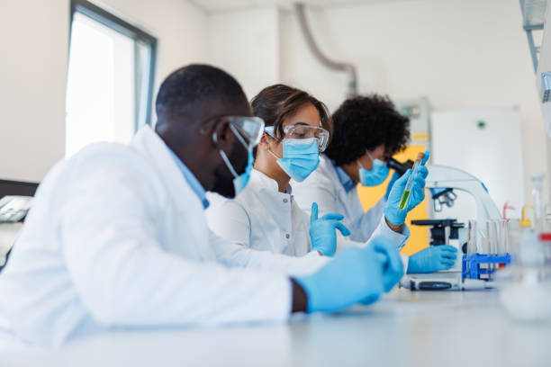 istock Scientists working in laboratory analyzing test tube with green liquid 2194013343