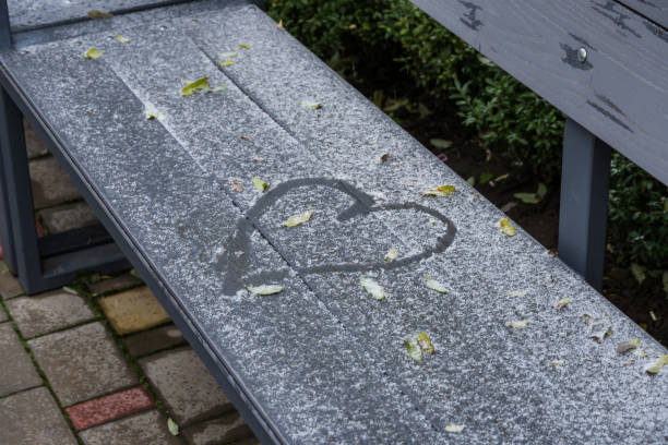 A bench outdoors is blanketed in snow, featuring a heart shape etched into the frost, surrounded by fallen leaves.