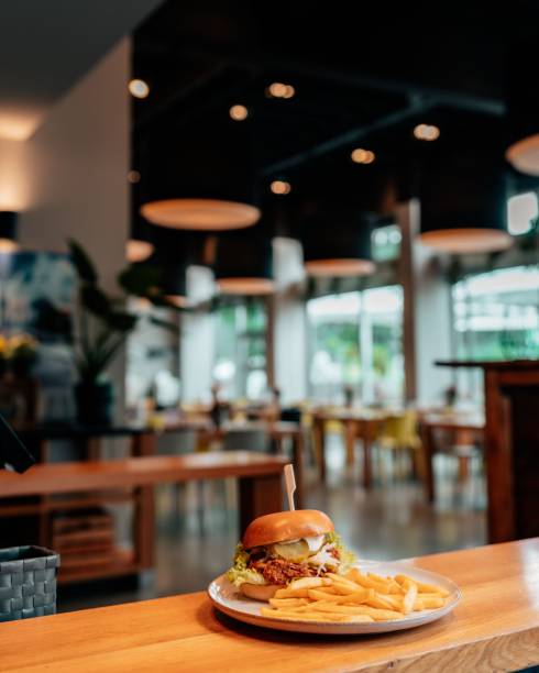 Burger and Fries in Modern Restaurant