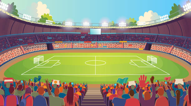 illustrazioni stock, clip art, cartoni animati e icone di tendenza di stadio di calcio. una grande arena dello stadio con tifosi e un campo da calcio. campo da calcio e tifosi. i tifosi di calcio tifano per la loro squadra. - stadio