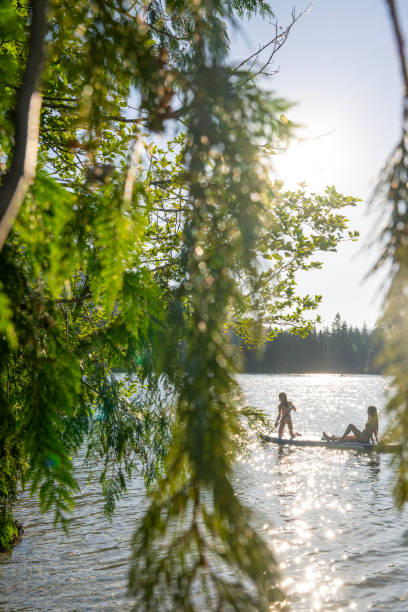 istock Mother and daughter enjoy SUP board on mountain lake 2194016565