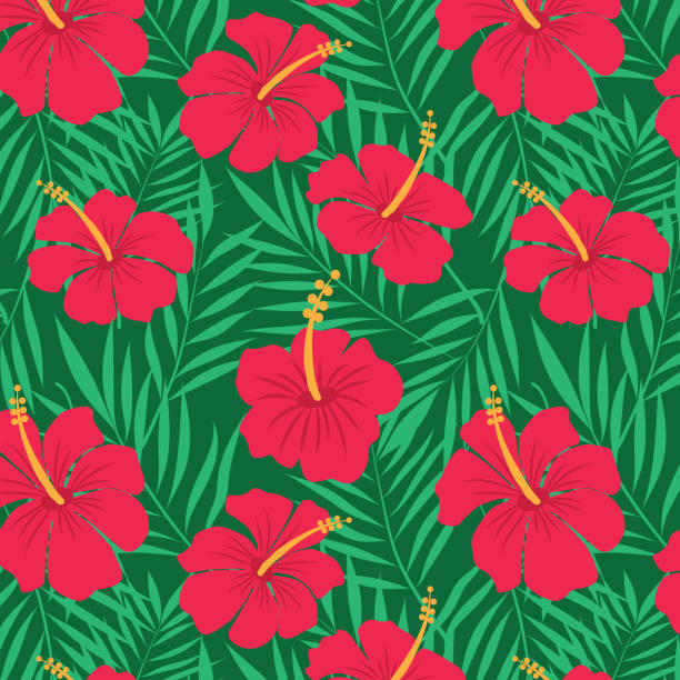 istock Beautiful red hibiscus flowers on green tropical palm leaves seamless pattern. 2194017088