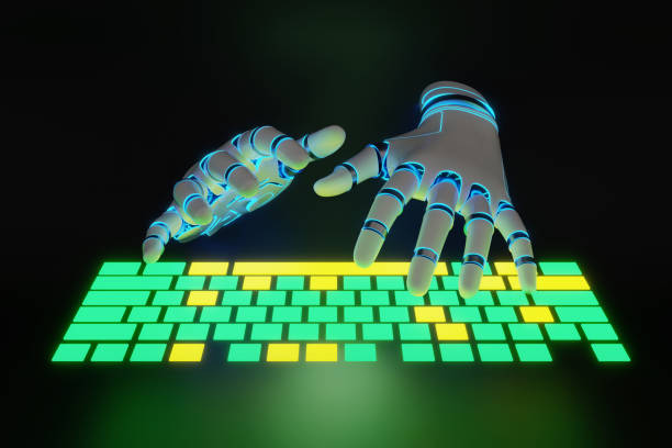 istock White robotic hands typing on a green and yellow neon light glowing keyboard in black background. Illustration of the concept of artificial intelligence as a business and job assistant 2194017113