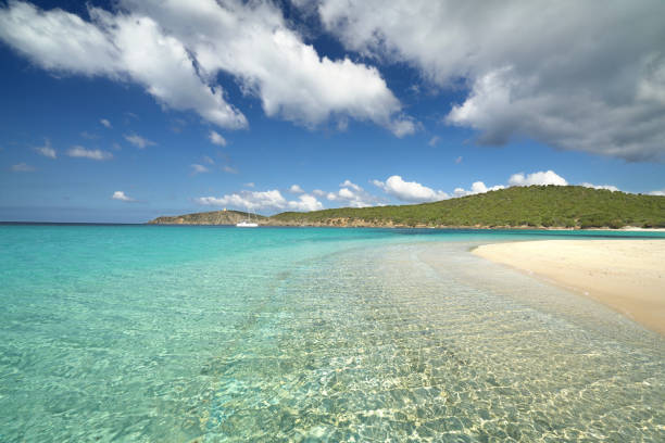 beautiful beach in Mediterranean Sea with clear turquoise water and blue sky