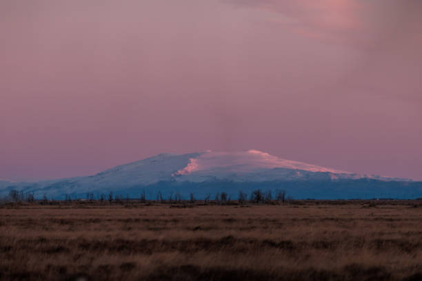Hekla volcano during pink twilight, surrounded by fields in South Iceland.