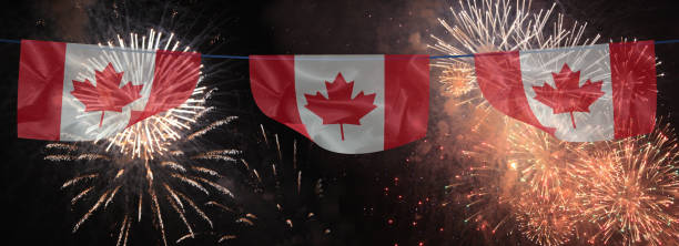 istock Panoramic fireworks Canadian flag garland 2194026862