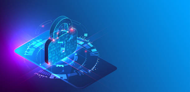istock Data protection. Isometric image of a smartphone with a picture of a lock and various technological elements. 2194028801
