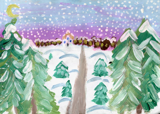 istock City with churches in the winter forest. Children's drawing. 2194030093