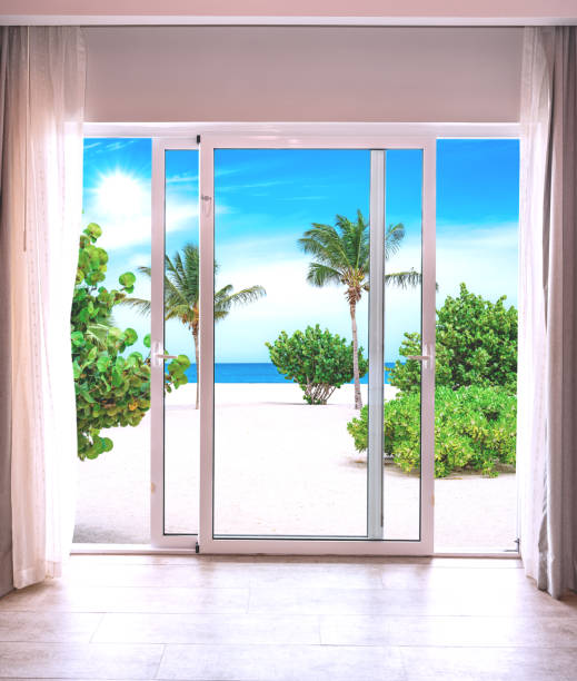 istock Beach scene with palm trees and a blue ocean 2194030434