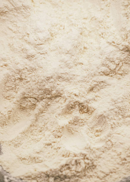 A detailed close-up of fine flour evenly spread across a baking surface, capturing the foundational ingredient used in pizza dough preparation. This image reflects the traditional techniques and essential ingredients at the heart of Italian cuisine. The soft texture and light tones emphasize the simplicity and authenticity of the cooking process in an Italian restaurant kitchen, showcasing the artistry behind crafting perfect pizzas.