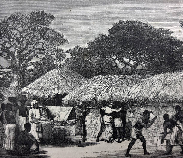 istock Antique illustration - villagers assisting a man into a grass hut - African village - David Livingstone 2194033534