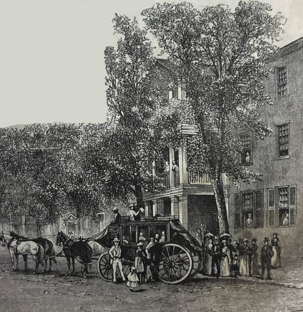Antique illustration pre 1900 -  large group of people near stagecoach gathered by the Eagle Hotel - Asheville North Carolina