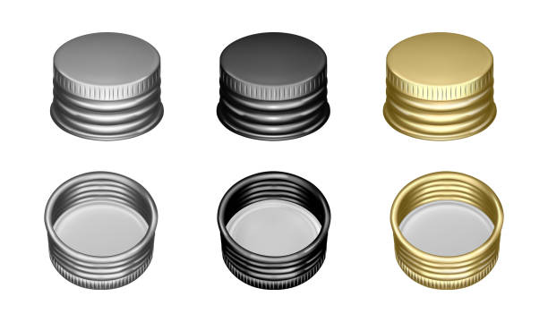 istock Bottle screw caps mockup template, isolated blank silver and gold metal or aluminum jar or container lids. Vector icon of top and inside of packaging part. Twist to open or close package 2194034304