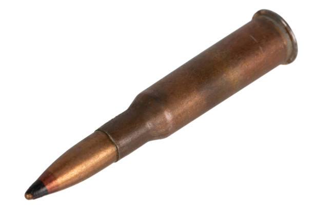 7.62x54R Mosin-Nagant high-explosive incendiary armor-piercing ammunition cartridge with black and red nose isolated on the white background
