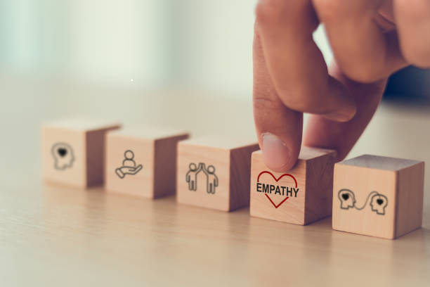 istock Empathy concept. Wooden blocks with empathy icons on minimal background and copy space. The power of emotional intelligent, soft skill development. Empathy in the workplace, good leaders, good teams. 2194041090