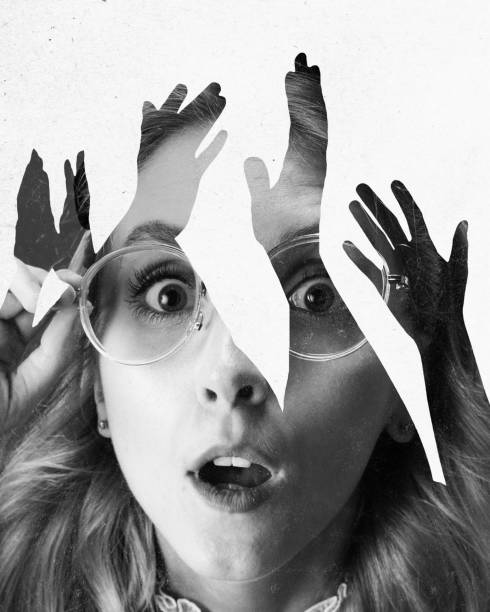 istock Modern art design. Woman in glasses, expressing curiosity, layered with raised hands symbolizing exploration of collective human dilemmas. Black and white, textured effects. 2194042884