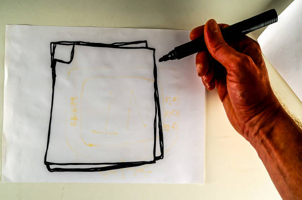 A hand is drawing a square on a piece of paper. The square is outlined in black and the inside is left blank