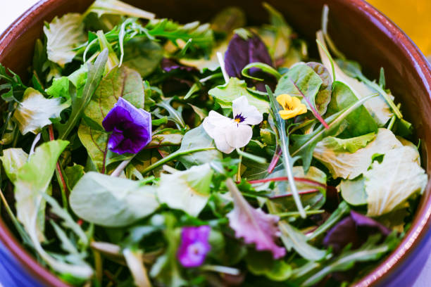 Salad series. Freshness. Full frame flower salad.