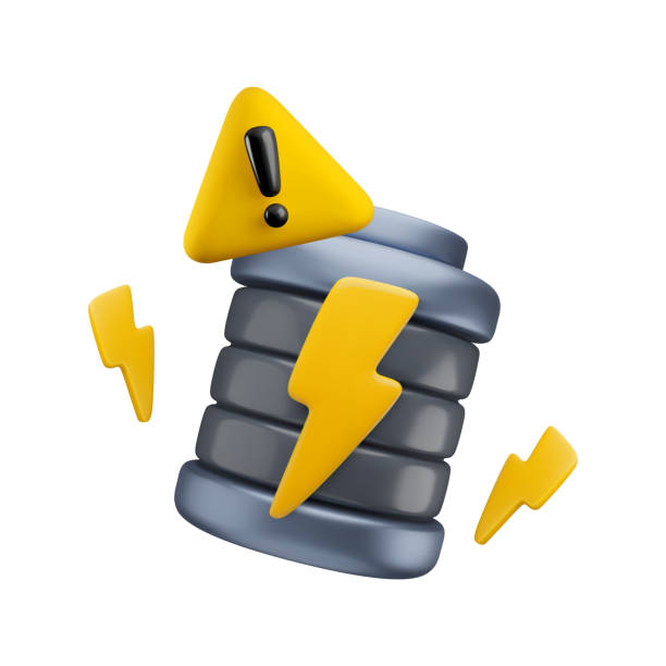 Vector cartoon 3d charging battery with warning sign, lightning. Realistic render of low energy accumulator, broken battery, damage notification concept. Attention indicator for electric car app, game Vector cartoon 3d charging battery with warning sign, lightning. Realistic render of low energy accumulator, broken battery, damage notification concept. Attention indicator for game, electric car app glitch generator stock illustrations