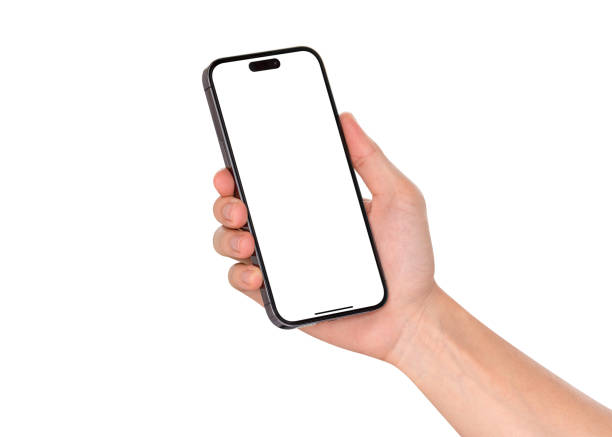 istock Close up of hand using smartphone with blank screen isolated on white background. 2194053911
