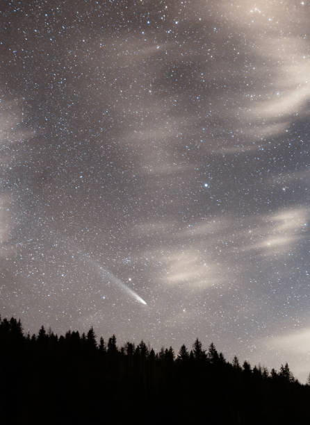 istock ATLAS comet in low over trees silhouettes surrounded by moving clouds 2194056980