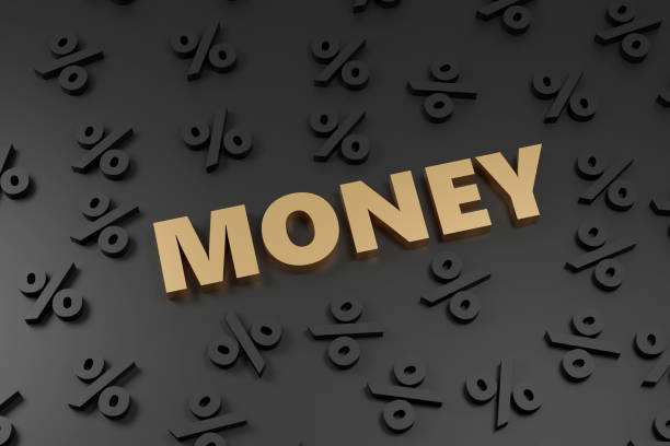 Luxury golden inscription money on grey podium, soft light, front view smooth background, 3d rendering