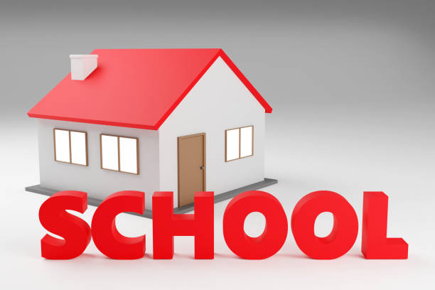 istock Red sign with little house school Minimal Concept 3D render Illustration 2194061852