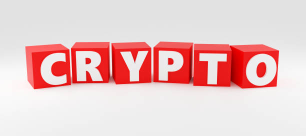 istock Luxury red inscription crypto on grey podium, soft light, smooth background, 3d rendering 2194062295