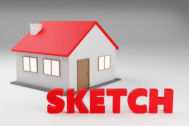 istock Luxury red inscription sketch with small cute house and grey background, soft light, smooth background, 3d rendering 2194062569