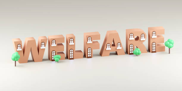 istock Luxury inscription welfare on grey podium, soft light, smooth background, 3d rendering 2194062699