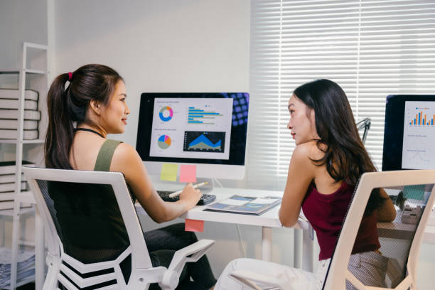 istock Two young businesswomen are discussing charts and graphs displayed on a computer screen, collaborating on a project in a modern office setting 2194064563