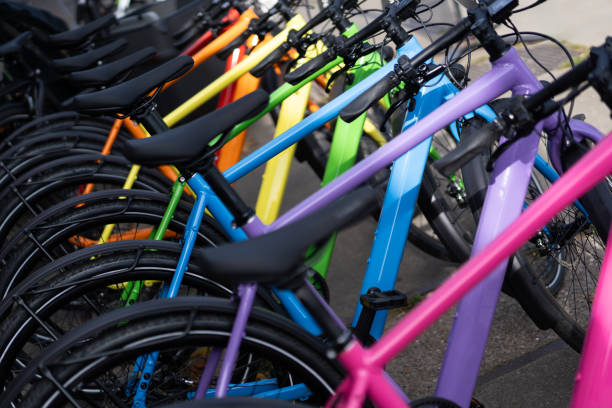istock Bright bicycles parked closely outdoors 2194069156