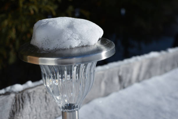 Outdoor lights in the winter time with snow on top