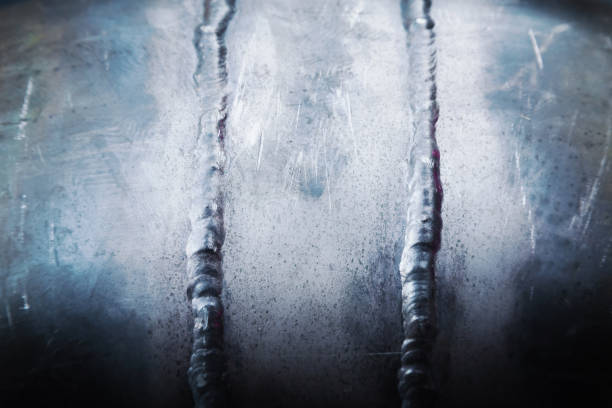 Two vertical welding seams on a steel pipe, close-up.