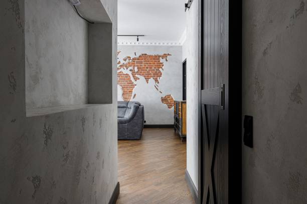 istock Stylish Hallway Featuring a Beautifully Decorative World Map as an Impressive Feature 2194074293