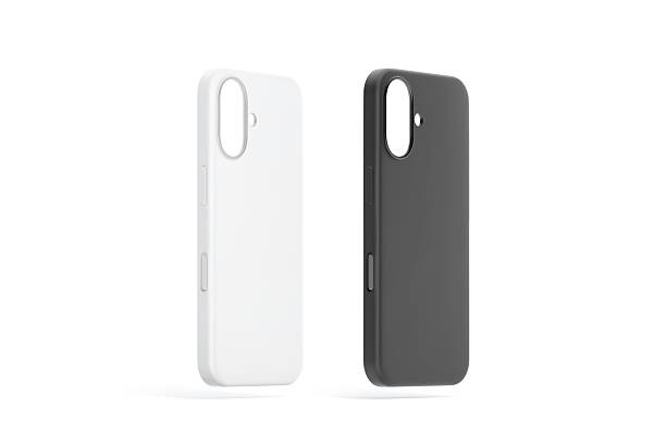 istock Blank black and white matte phone case mockup, half-turned view 2194076831