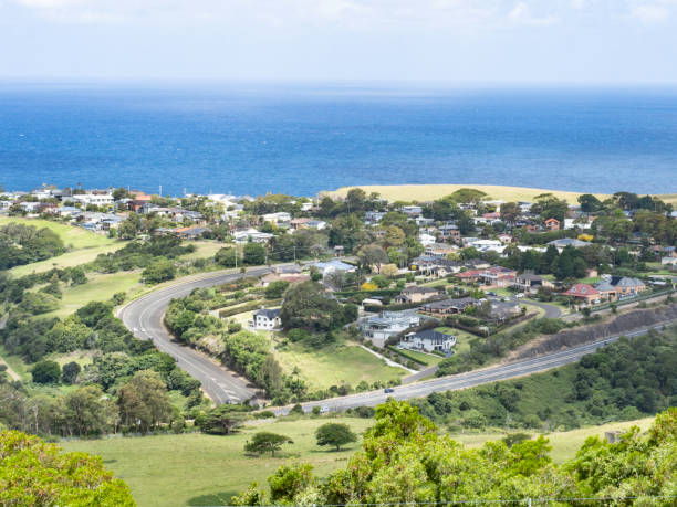 istock High angle view of sea side suburb and streets 2194077420