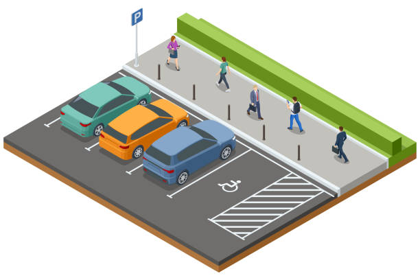 istock Isometric illustration of a parking lot with regular parking spaces and a designated handicap spot. Pedestrians are walking along a pathway with a green hedge in the background 2194077623