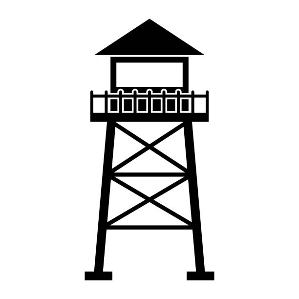 Watchtower vector icon. Perfect for security, observation, or military themes. Black silhouette isolated on white background. A bold vector illustration of a watchtower, depicted in a clean black silhouette style. The design features a tall, elevated structure with a roofed observation deck, supported by a crisscrossed framework for stability. The deck is enclosed by a railing, emphasizing its functionality for surveillance or observation purposes. Isolated on a white background, this graphic is ideal for use in themes related to security, military, or outdoor activities. Its simple and versatile style makes it suitable for logos, maps, or educational materials. prison watch tower stock illustrations