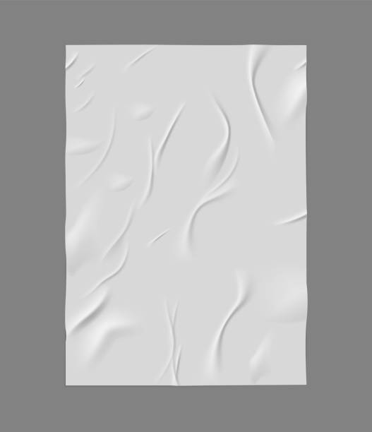 istock Paper wrinkled poster, glued wrinkles rectangle white sheet, vector realistic crumpled vertical paper blank, wet sticker 2194080606