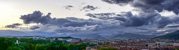 Great panoramic view of the city of Pamplona with storm clouds in the sky stock photo