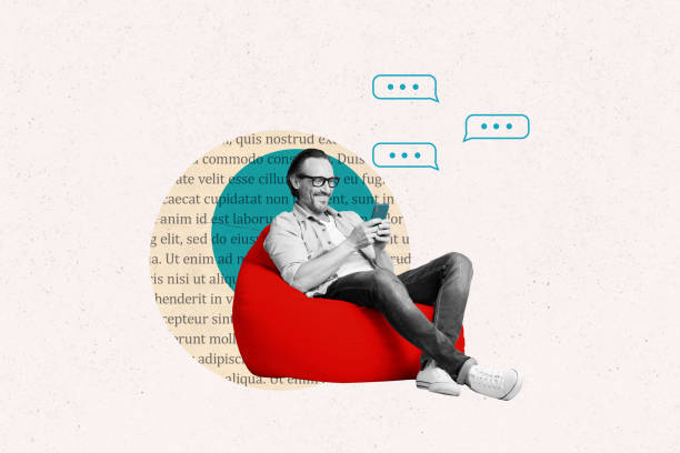 istock Photo collage picture sitting mature man beanbag browsing smartphone texting chat conversation online forum communication textboxes 2194089690