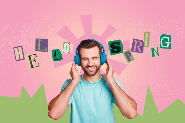 istock Abstract collage positive man blue wireless headset listen music enjoy spring time warm bloom isolated on painted background 2194089886