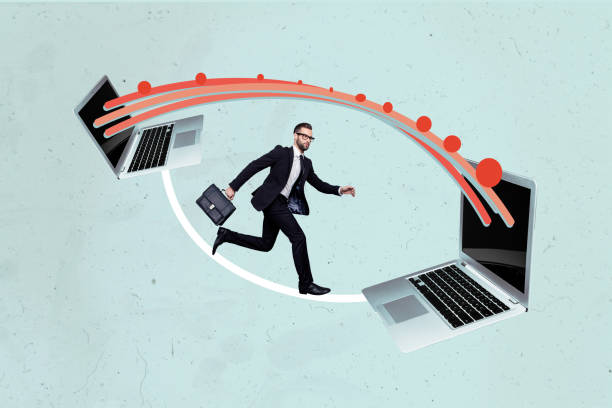 istock Creative collage poster young businessman running towards laptop transfer modern technology information send receive drawing background 2194089920