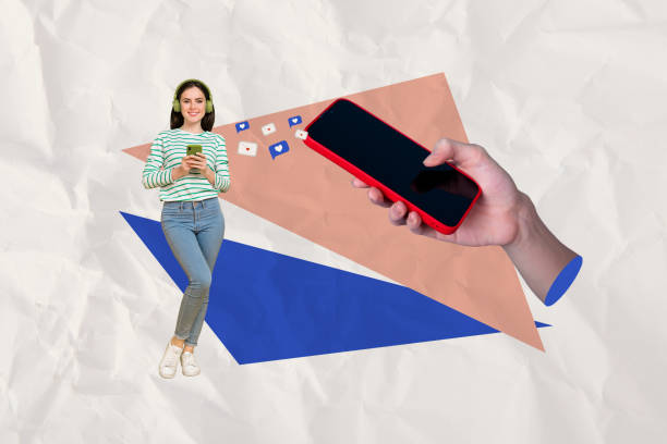 istock Collage young standing woman smartphone touchscreen social network reactions blogging notifications like followers increase popularity 2194090203