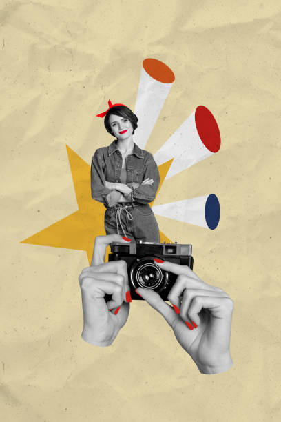 istock Vertical image collage standing young pretty smiling girl folded hands pose photo shoot portrait model star drawing background 2194092279